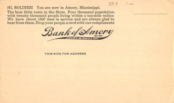 Amory Mississippi Bank Soldier Card Vintage Postcard KK104