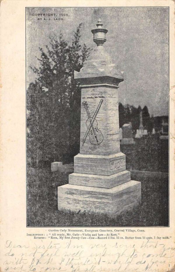 Central Village Connecticut Evergreen Cemetery Cady Monument Postcard KK161