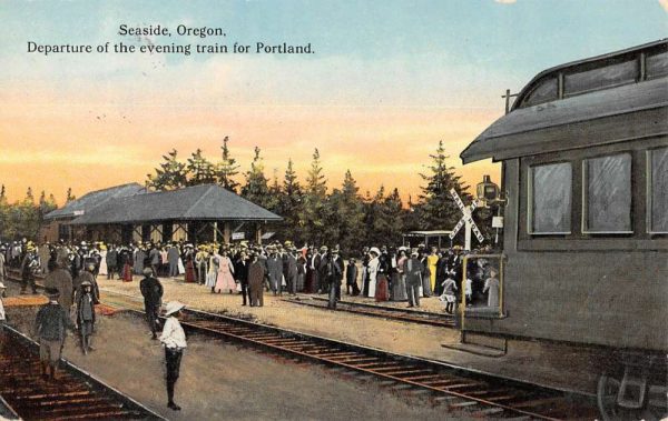 Seaside Oregon Evening Train For Portland Railroad Vintage Postcard KK214