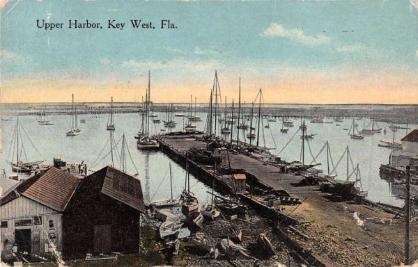 Key West Florida birds eye view boats in Upper Harbor antique pc BB1152
