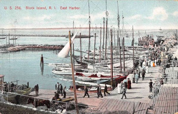 Block Island Rhode Island boats at pier East Harbor antique pc BB1166