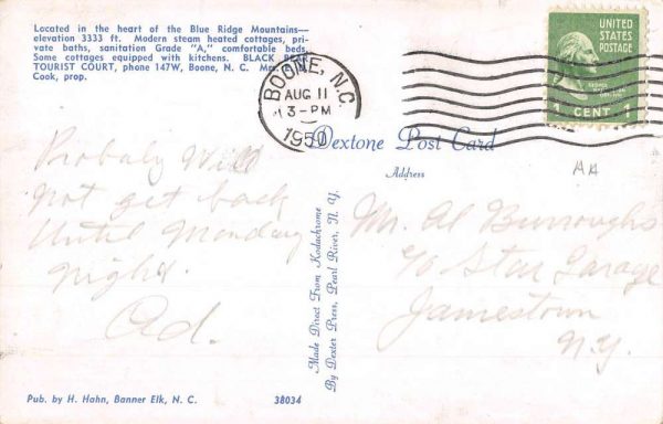 Boone North Carolina Black Bear Tourist Court Vintage Postcard KK228 - Image 2