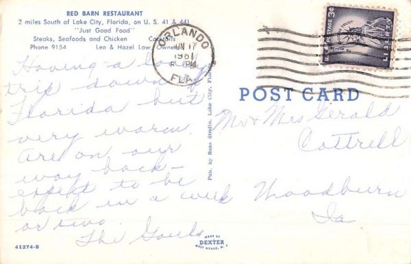 Lake City Florida Red Barn Restaurant Exterior Vintage Postcard KK234 - Image 2