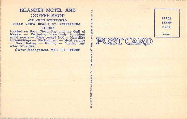Belle Vista Beach Florida Islander Motel Coffee Shop Vintage Postcard KK255 - Image 2