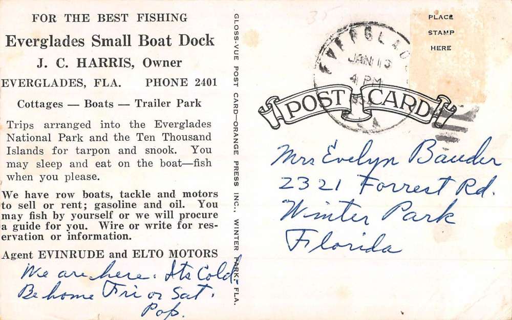 Everglades Florida Small Boat Dock Waterfront Vintage Postcard KK263 - Image 2
