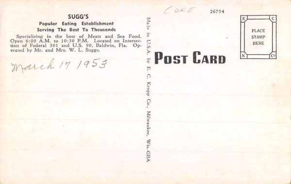 Baldwin Florida Suggs Restaurant Exterior Vintage Postcard KK276 - Image 2