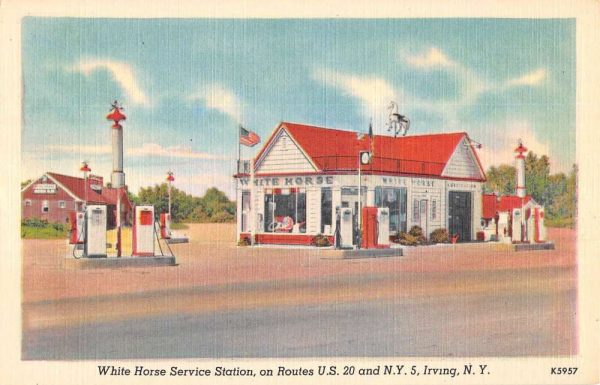 Irving New York White Horse Service Station Linen Vintage Postcard KK345