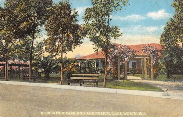 Lake Worth Florida birds eye view Recreation Park & Auditorium antique pc BB1197