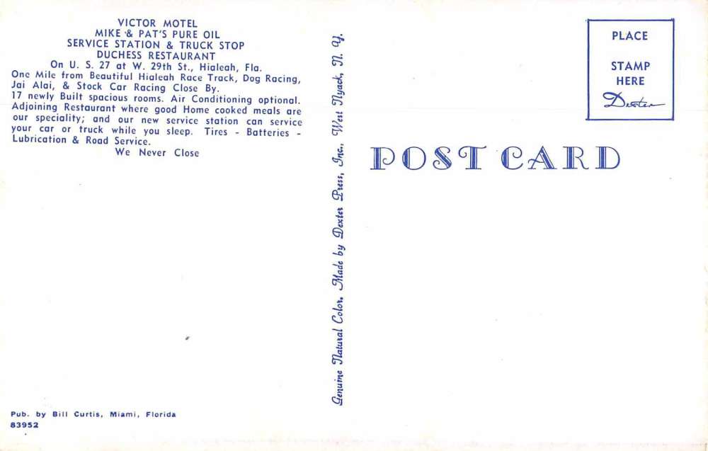 Hialeah Florida Victor Motel Pure Oil Svc Stn Duchess Restaurant pc BB2505 - Image 2