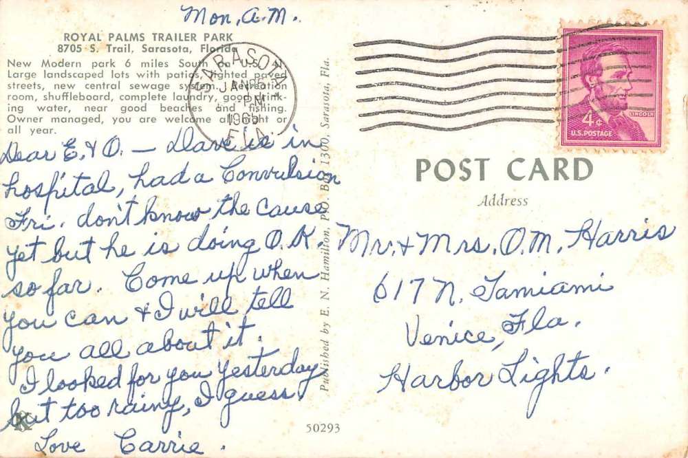 Sarasota Florida Royal Palms Trailer Park Vintage Postcard AA4921 - Image 2