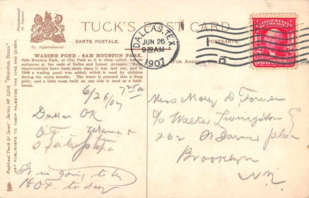 Houston Texas Wading Pond Sam Houston Park Vintage Postcard AA6441 - Image 2