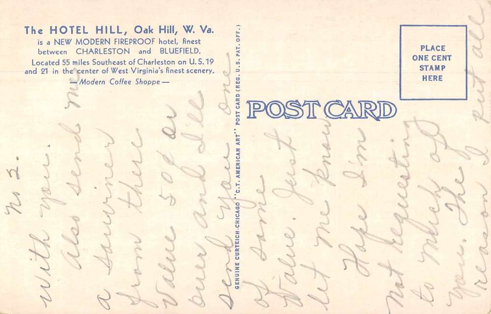 Oak Hill West Virginia Hotel Hill Vintage Postcard AA6915 - Image 2