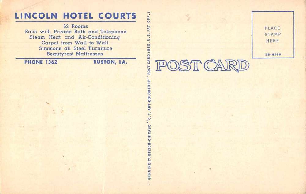 Lincoln Hotel Courts Ruston Louisiana Linen Vintage Postcard RR173 - Image 2