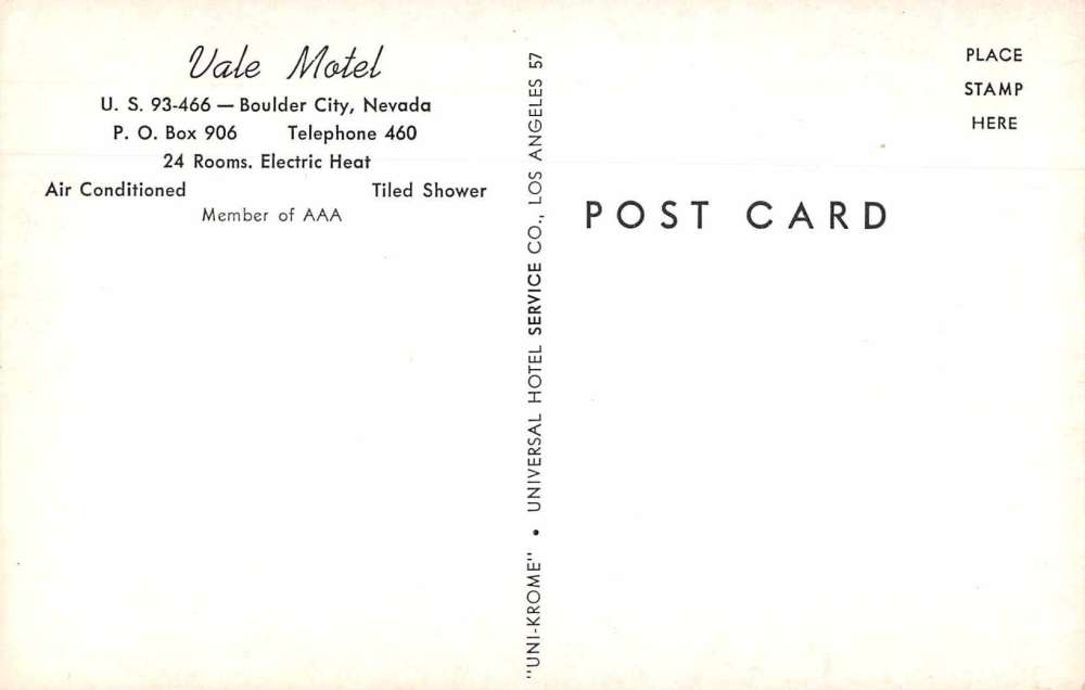Boulder City Nevada Vale Motel Vintage Postcard AA8278 - Image 2