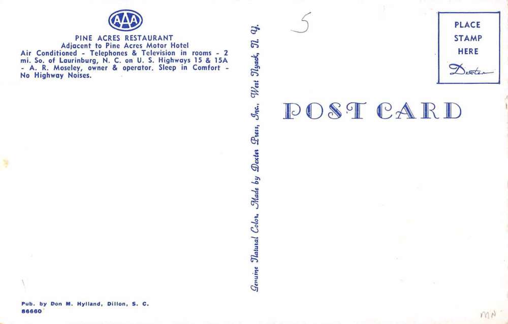 Laurinburg North Carolina Pine Acres Restaurant Vintage Postcard AA8686 - Image 2