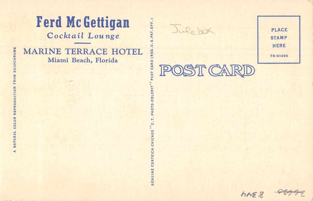 Miami Beach Florida Jukebox Cocktail Lounge Marine Terrace Postcard RR574 - Image 2