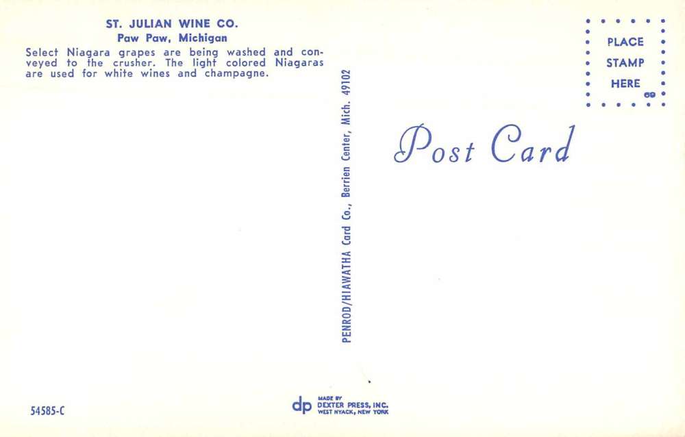 Paw Paw Michigan St Julian Wine Co Niagara Grapes Vintage Postcard AA9103 - Image 2