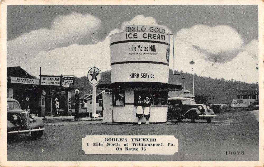 Williamsport Pennsylvania Bodle's Freezer Ice Cream Texaco Postcard