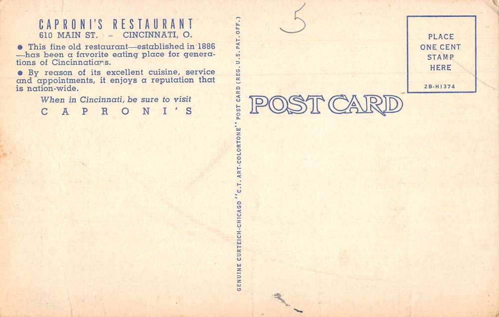 Cincinnati Ohio Caproni's Restaurant Vintage Postcard AA9362 - Image 2