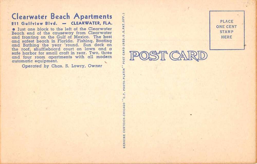 Clearwater Florida Clearwater Beach Apartments Vintage Postcard AA10661 - Image 2