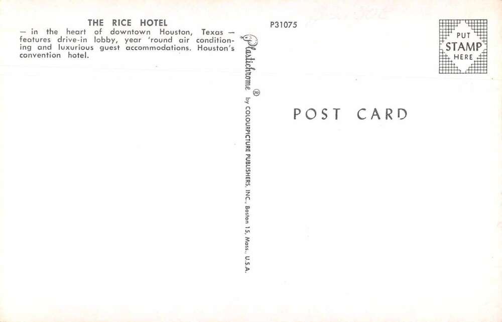 Houston Texas The Rice Hotel Vintage Postcard AA10809 - Image 2