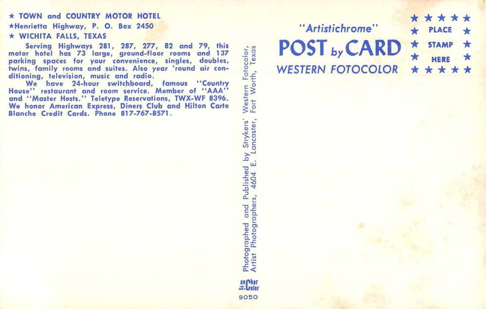 Wichita Falls Texas Town and Country Motor Hotel Vintage Postcard AA10827 - Image 2