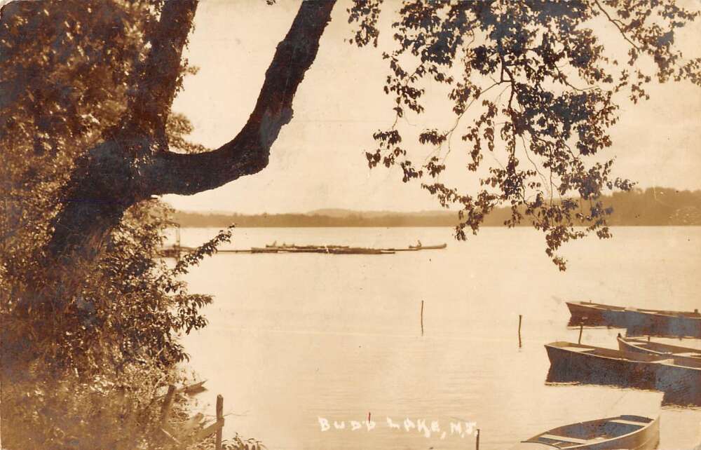 Budd Lake New Jersey scenic view boats on lake from shore real photo pc