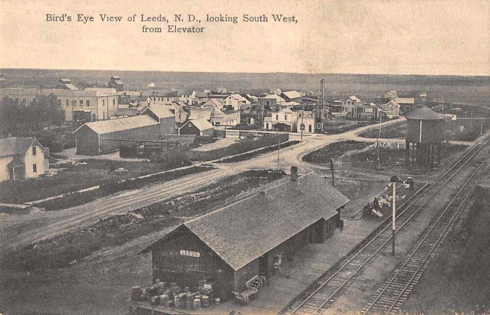 Leeds North Dakota Train Station Birds Eye View Vintage Postcard