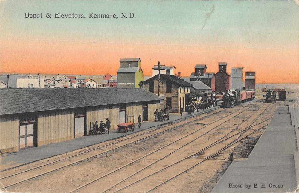 Kenmare North Dakota Train Station and Elevators Vintage Postcard