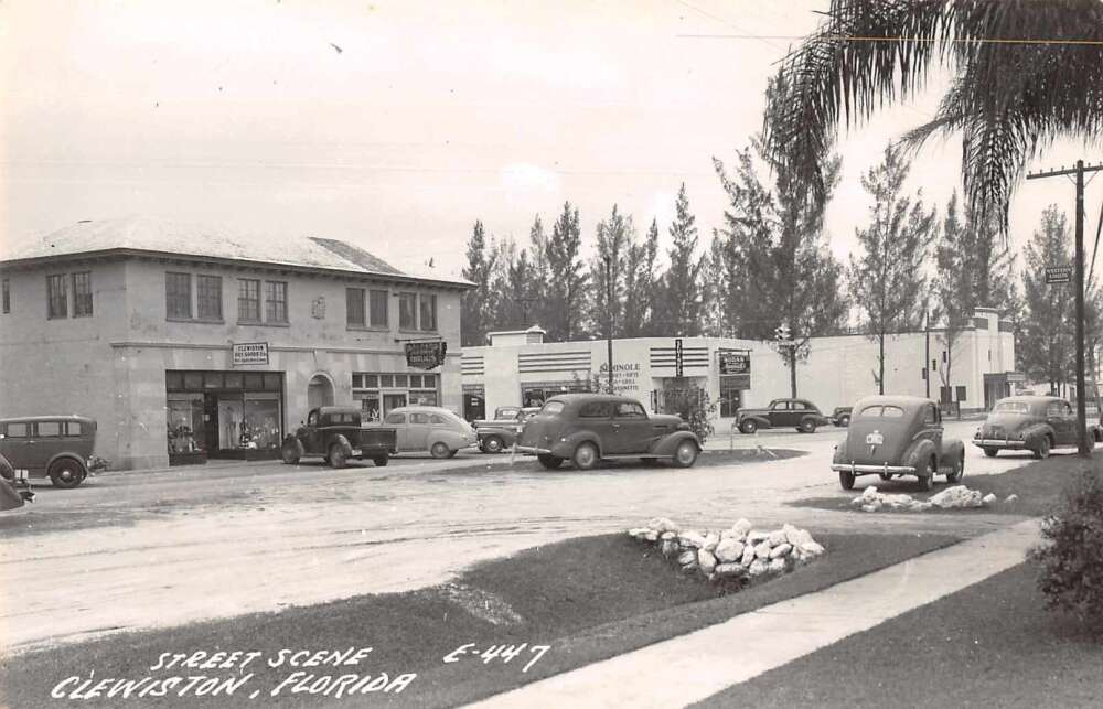 Clewiston Florida Street Scene Drug Store Real Photo Postcard AA12317