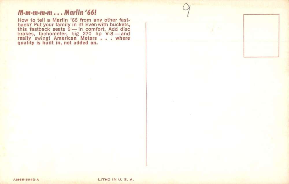 American Motors 1966 Marlin Car Advertising Vintage Postcard AA12589 - Image 2