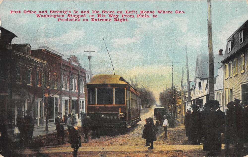 Littlestown Pennsylvania Post Office Trolley Street Scene Postcard