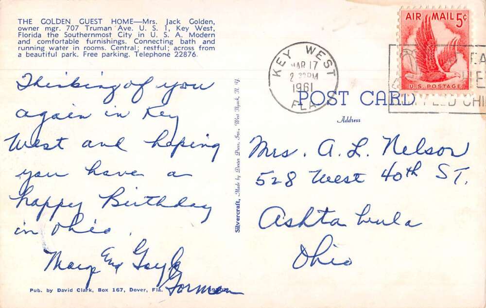 Key West Florida Golden Guest Home Vintage Postcard AA16127 - Image 2