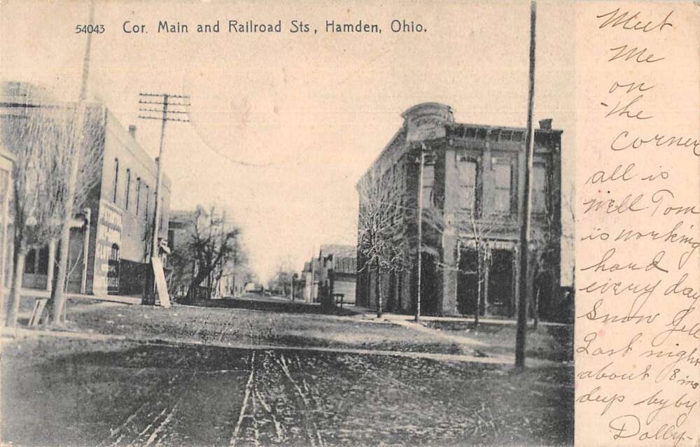 Hamden Ohio Corner of Main and Railroad Streets Vintage Postcard