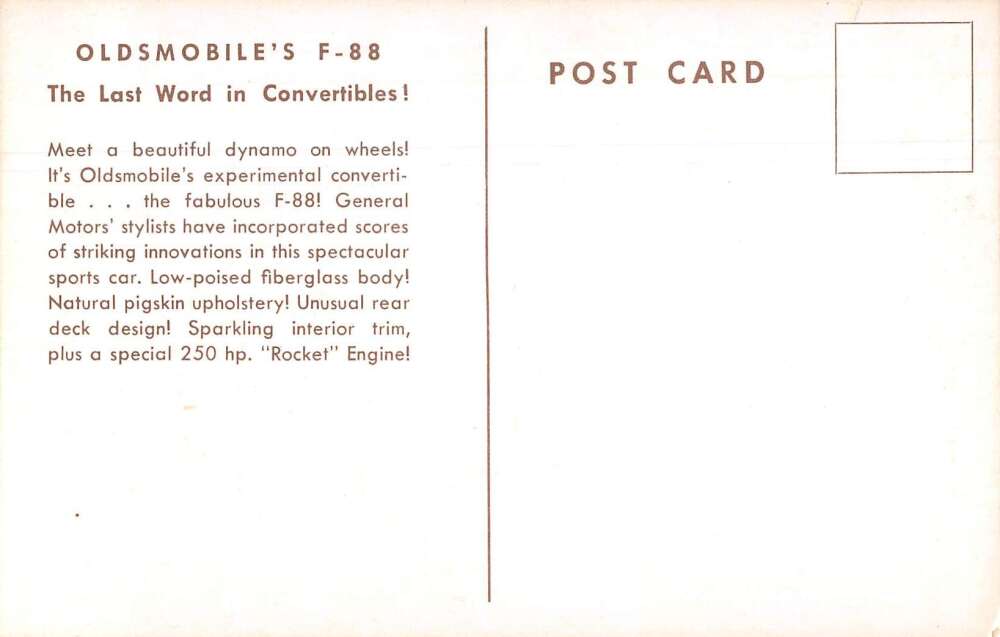 Oldsmobile F-88 Sports Convertible Car Advertising Vintage Postcard AA17669 - Image 2
