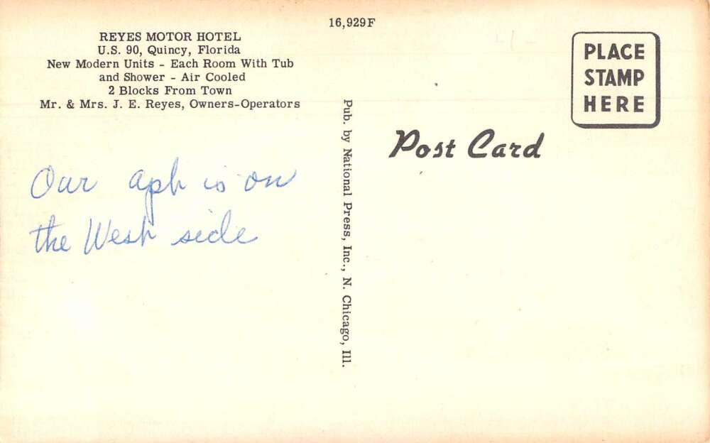 Quincy Florida Reyes Motor Hotel Vintage Postcard AA18043 - Image 2