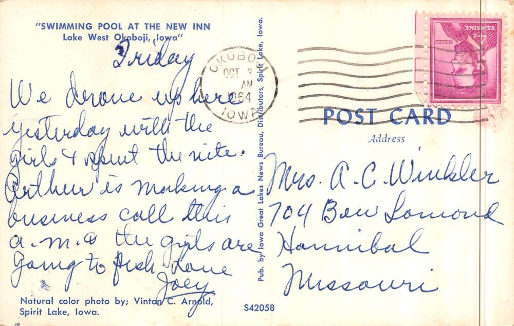 Okoboji Iowa the New Inn swimming pool vintage pc DD8336 - Image 2