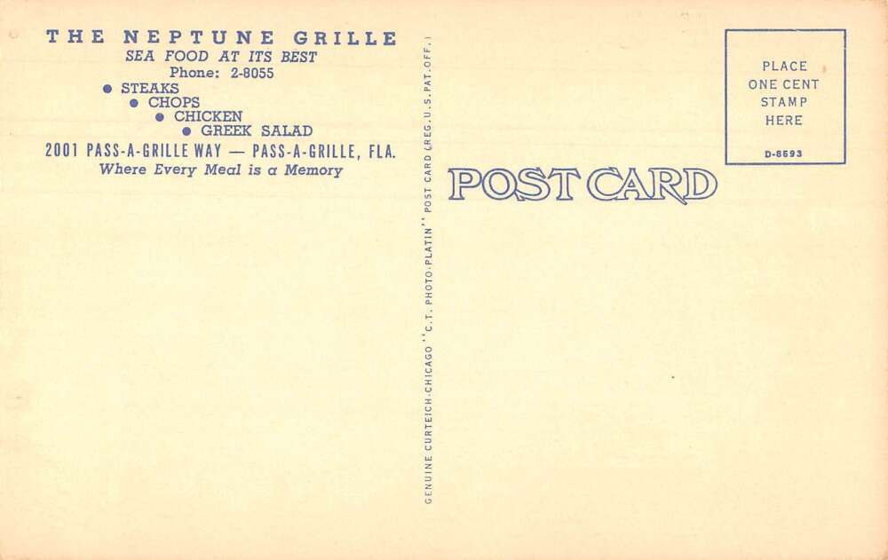 Pass-a-Grille Florida The Neptune Grille Dining Room Vintage Postcard AA21839 - Image 2