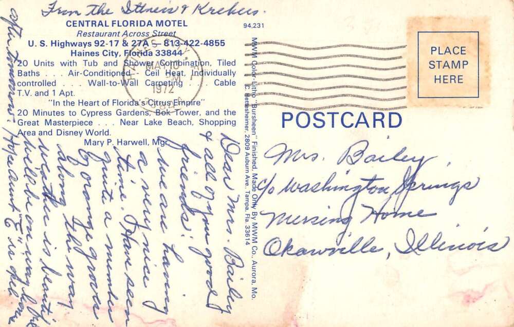 Haines City Florida Central Florida Motel Vintage Postcard AA22969 - Image 2