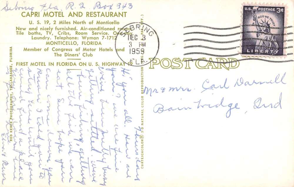 Monticello Florida Capri Motel and Restaurant Vintage Postcard AA23076 - Image 2