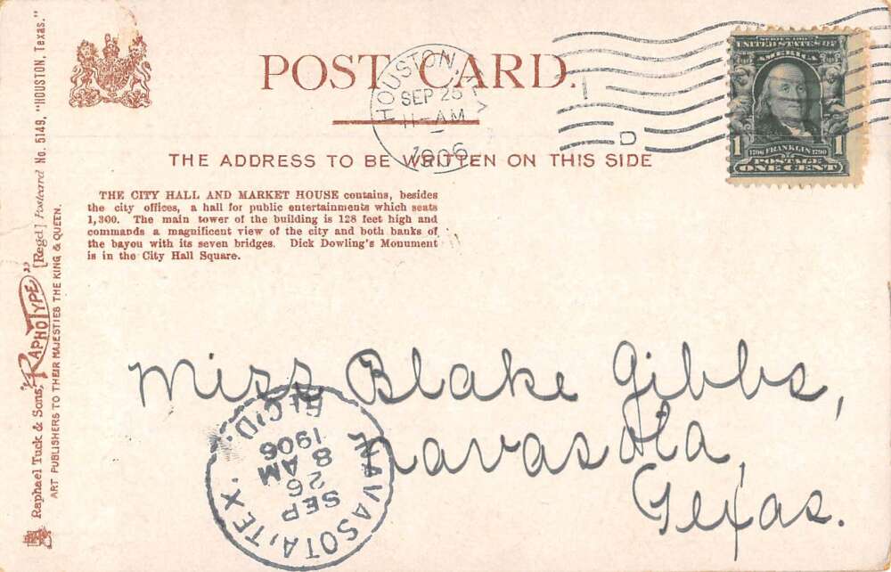 Houston Texas City Hall and Market House Tuck Postcard AA24526 - Image 2