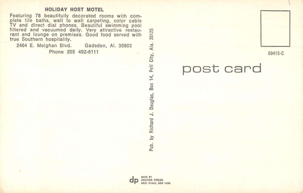 Gadsden Alabama Holiday Host Motel Vintage Postcard AA24549 - Image 2