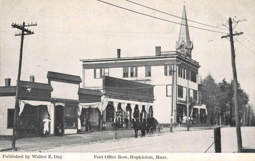 Hopkinton Massachusetts Post Office Street Scene Vintage Postcard