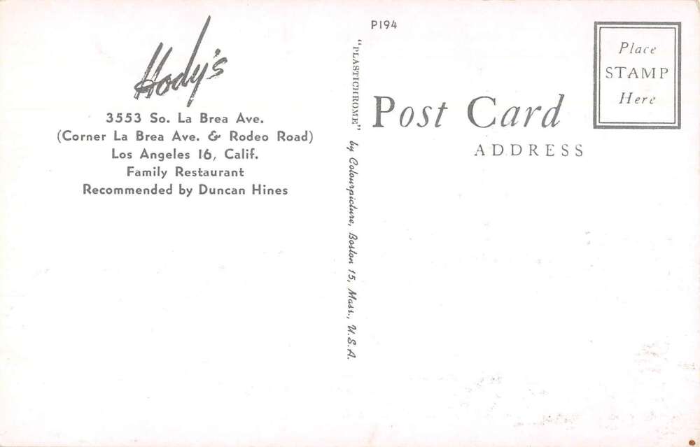 Los Angeles California Hody's Restaurant Vintage Postcard AA26573 - Image 2