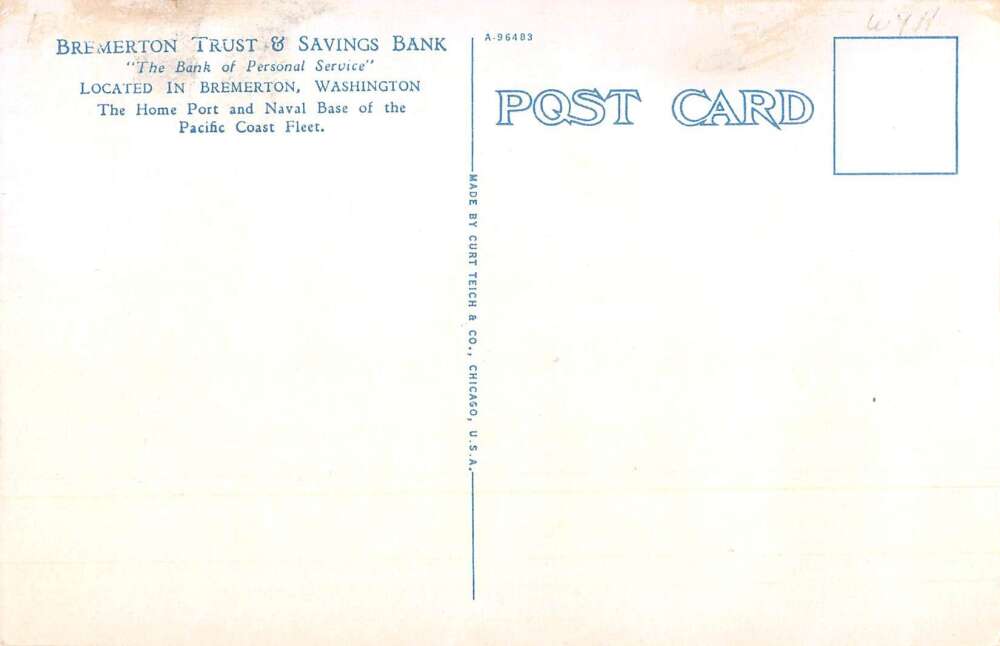 Bremerton Washington Trust and Savings Bank Vintage Postcard AA27206 - Image 2