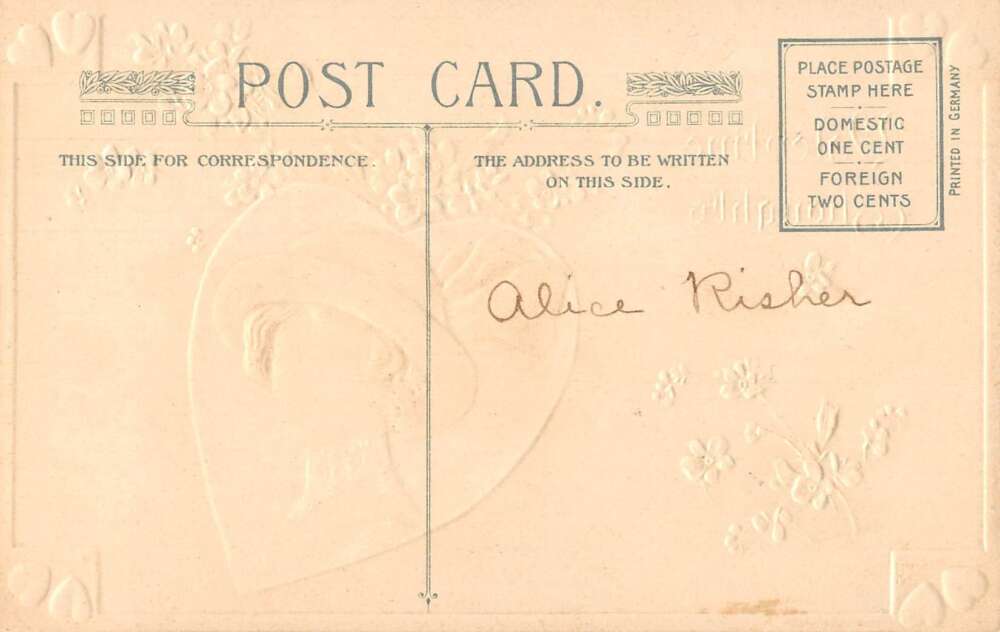 Valentine Greetings Blue Flowers and Lady In Hat Winsch Vintage Postcard AA27836 - Image 2