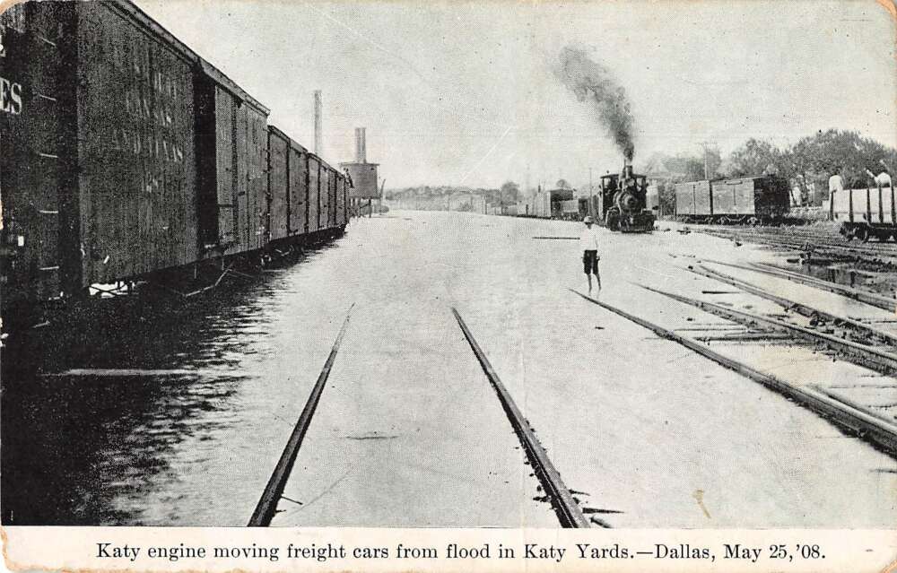 Dallas Texas Katy Train Engine Freight Yards Flood Postcard AA29163