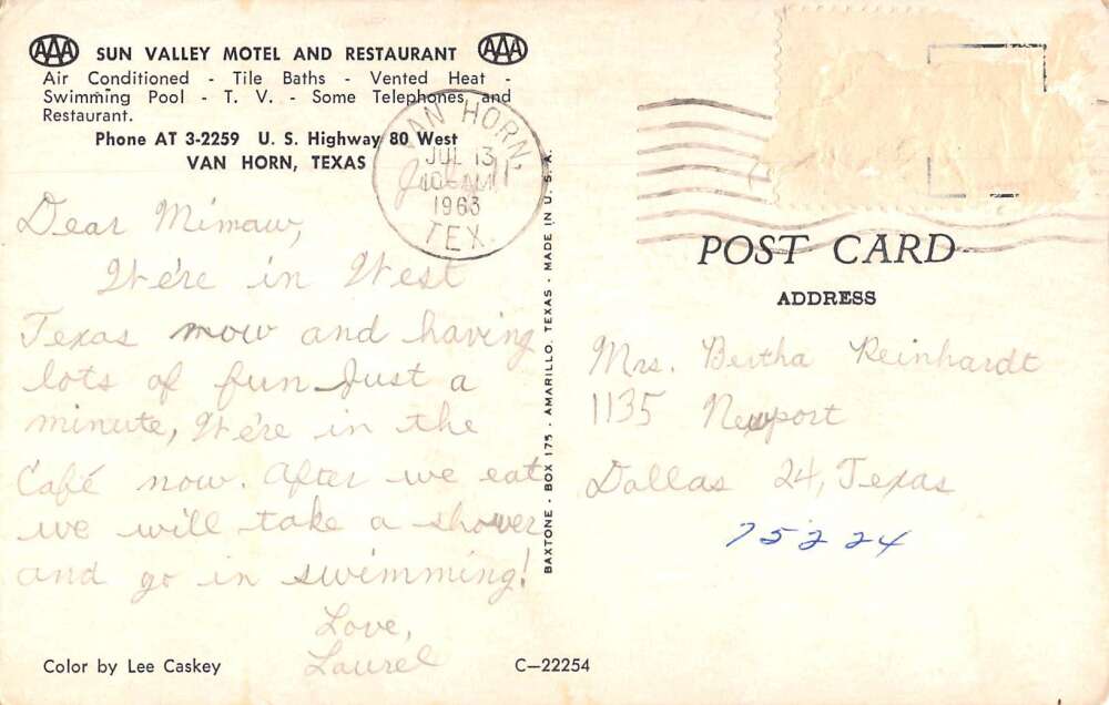 Van Horn Texas Sun Valley Motel and Restaurant Vintage Postcard AA29425 - Image 2