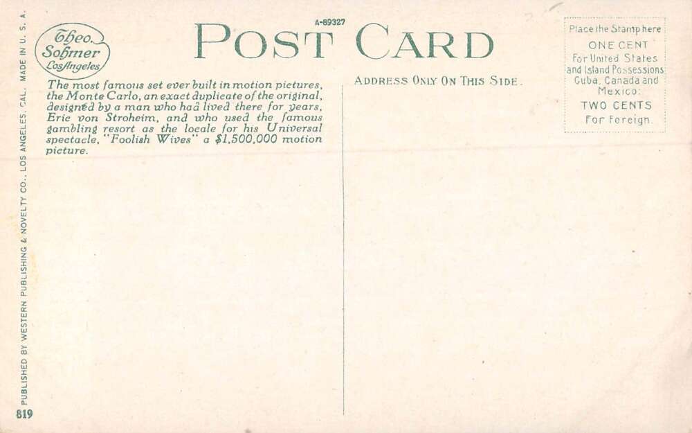 Hollywood California Universal City Monte Carlo Set Vintage Postcard AA29465 - Image 2