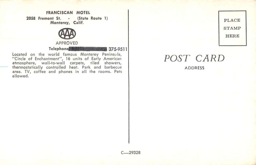 Monterey California Franciscan Motel Vintage Postcard AA29586 - Image 2